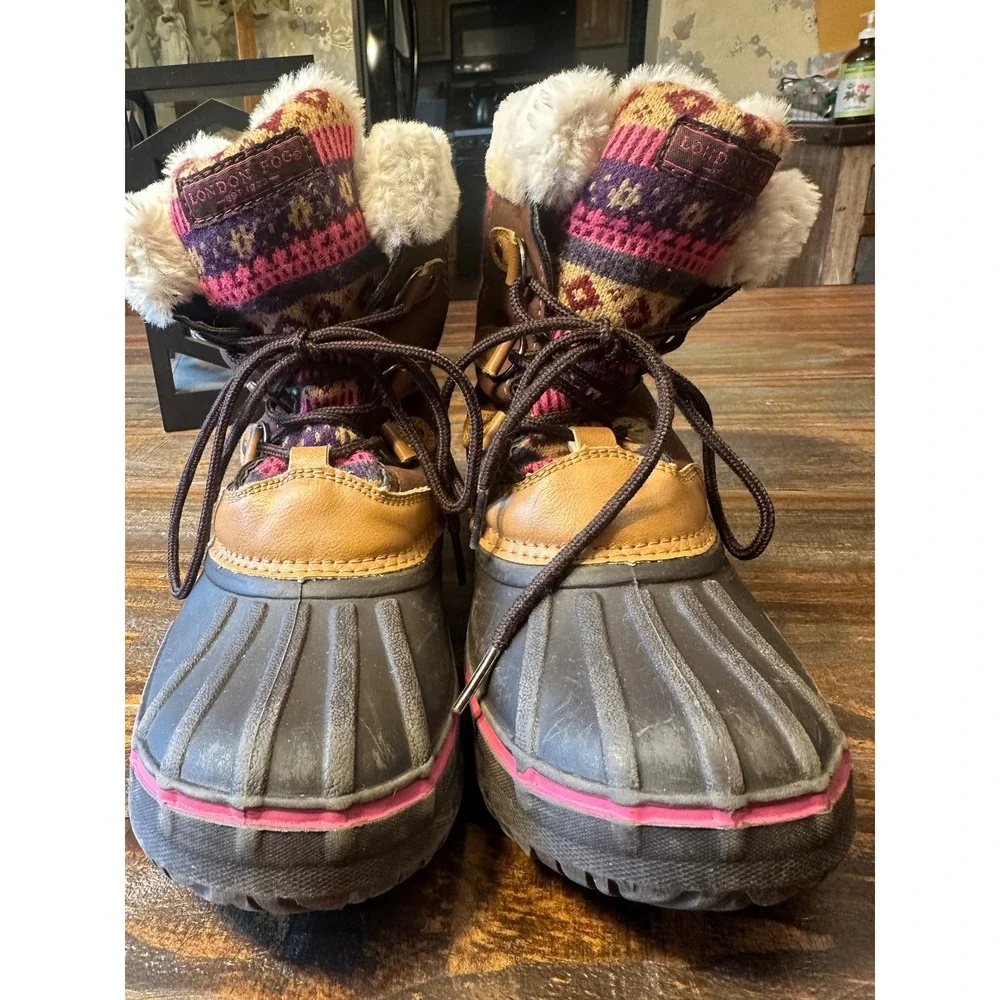 London Fog Snow Boots Kids Size 4 Tan Brown‎ Pink Fair Isle Faux Fur Lined